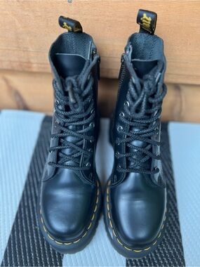 Dr. Martens Jadon Black Leather 8-Eye Lace-Up Boots with Yellow Stitching